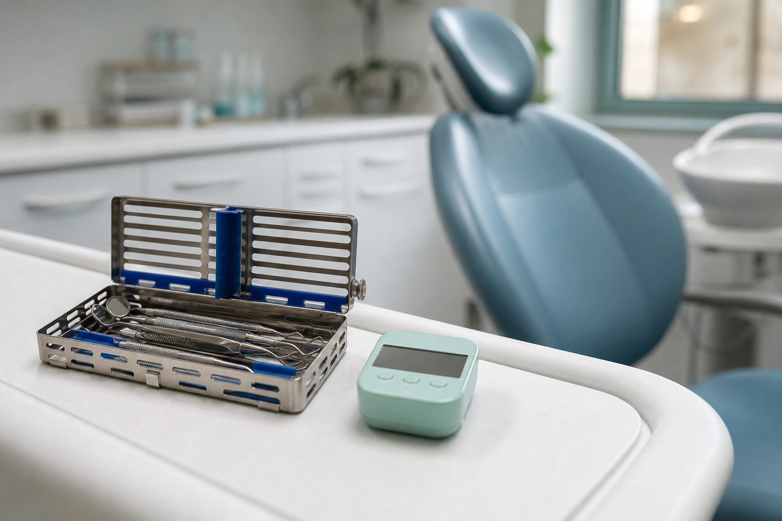 Sterilized instrument cassette and mint timer on a white counter with a blurred slate blue chair behind them