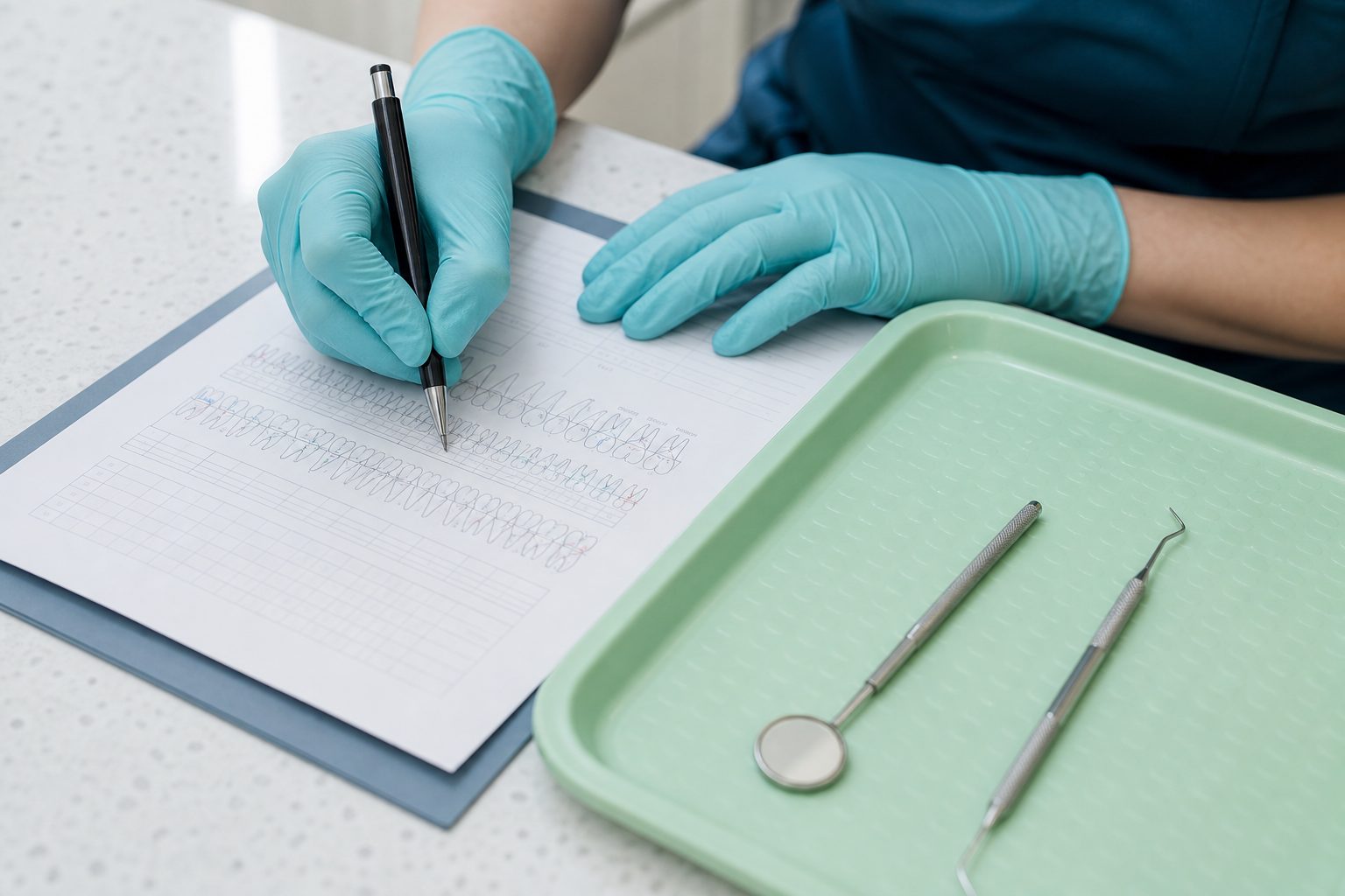 Gloved hygienist hands charting beside a probe and mirror on a mint tray under soft, even clinical daylight