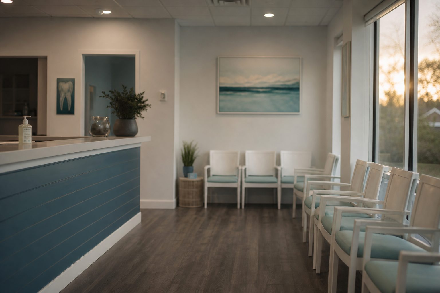 Empty dental waiting room at dusk with white chairs, mint cushions and low evening light across the counter