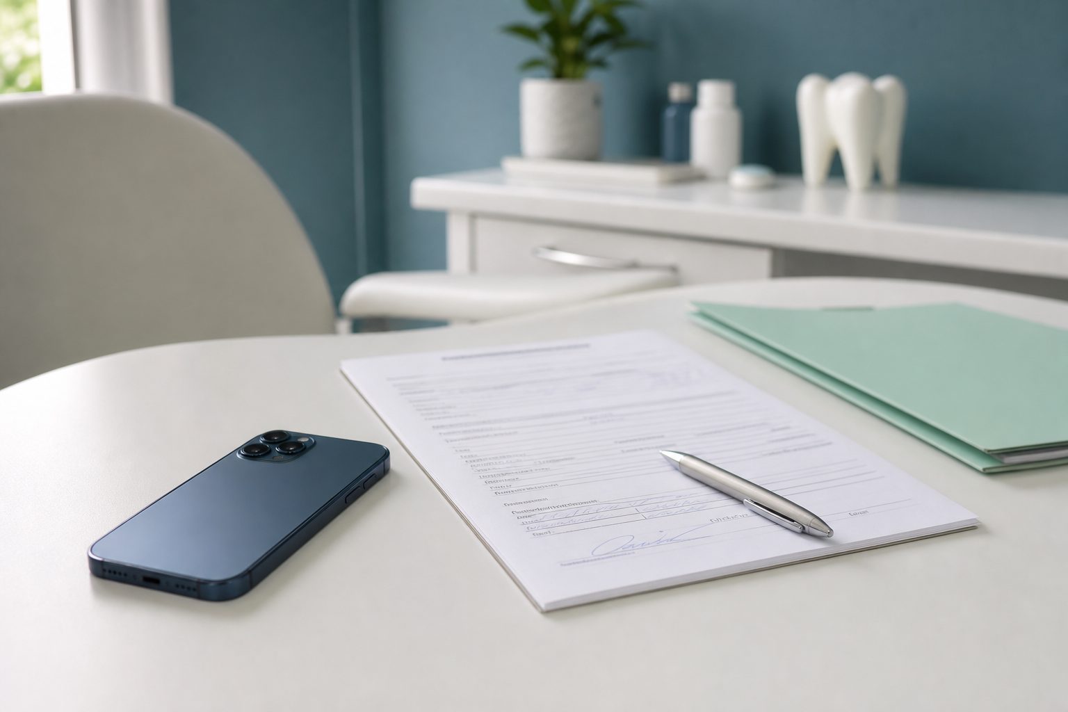 Phone face down next to a blank patient intake form and pen on a white desk with a mint folder and soft light