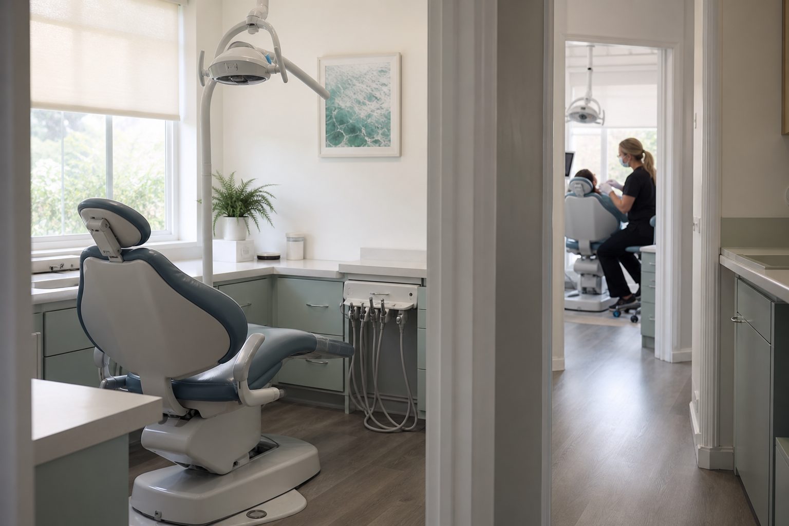 View through a doorway to two mint and white operatories, one hygiene chair occupied and the nearer one empty