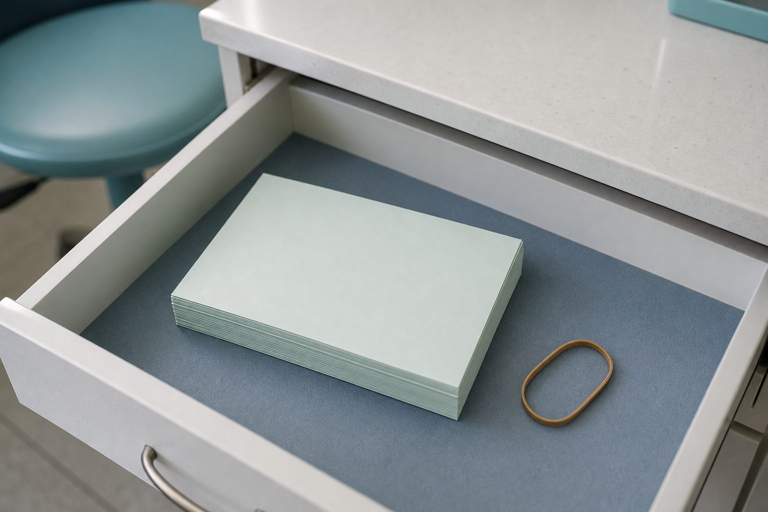 Stack of blank mint recall postcards banded together in an open white desk drawer under soft overhead daylight