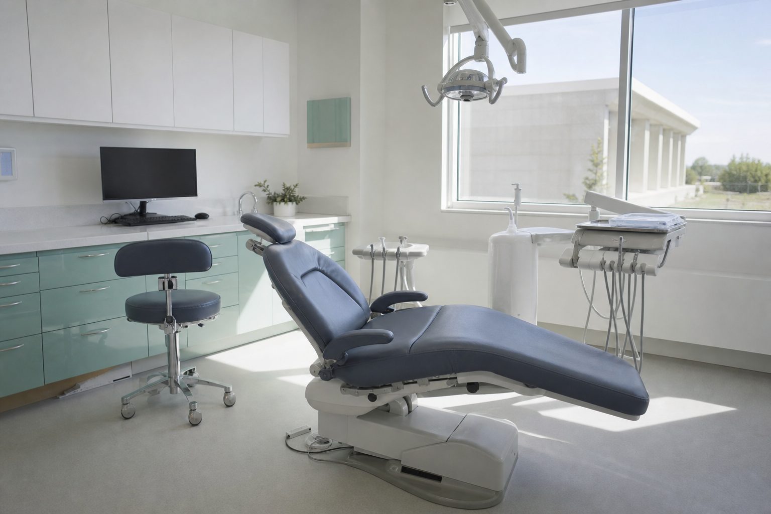 Empty slate blue hygiene chair in a bright mint and white operatory, tray covered, midday light across the floor