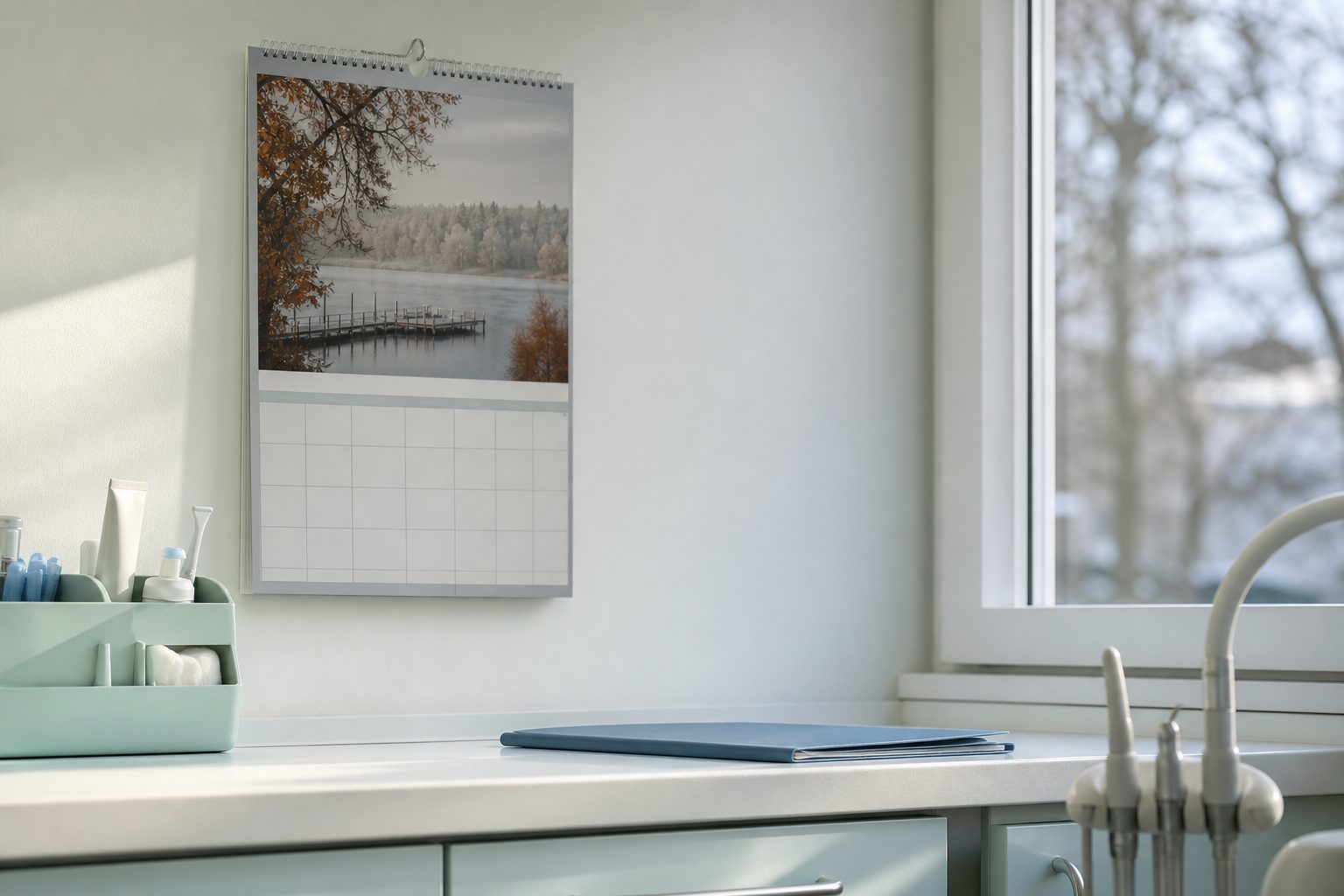 Wall calendar above a white dental office counter with a mint organizer and slate blue folder in low winter light