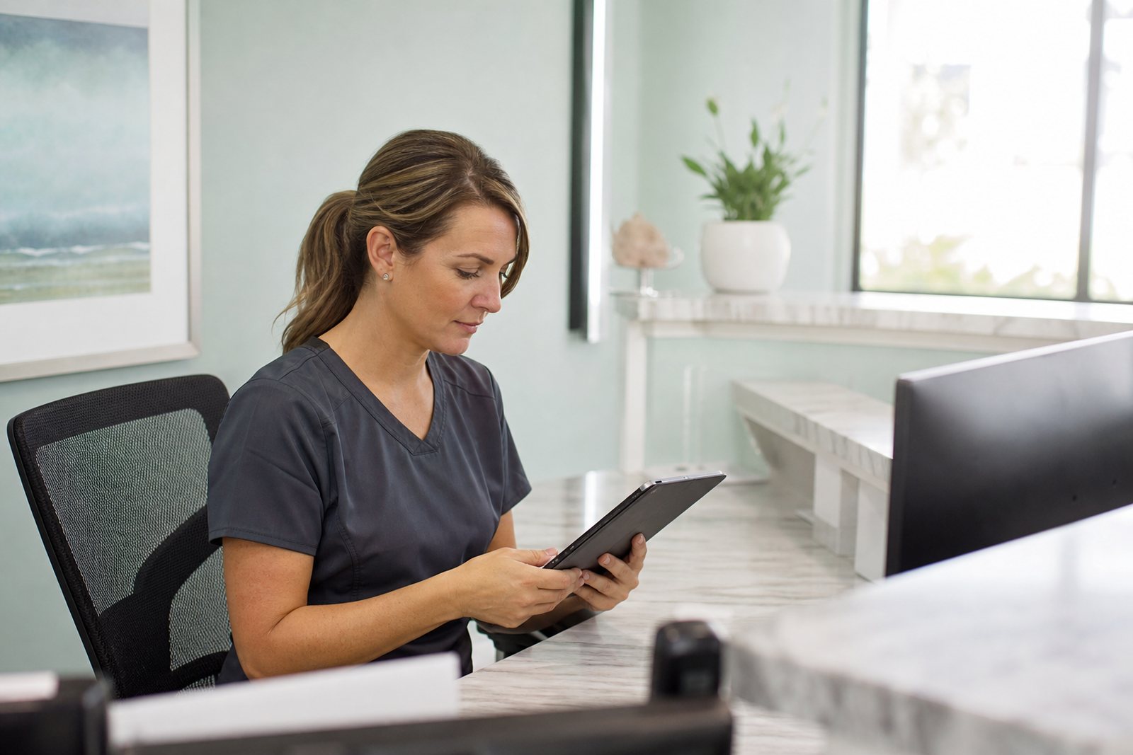 Dental office manager in mint scrubs reviewing a patient recall list on a tablet at the reception desk of a small private practice