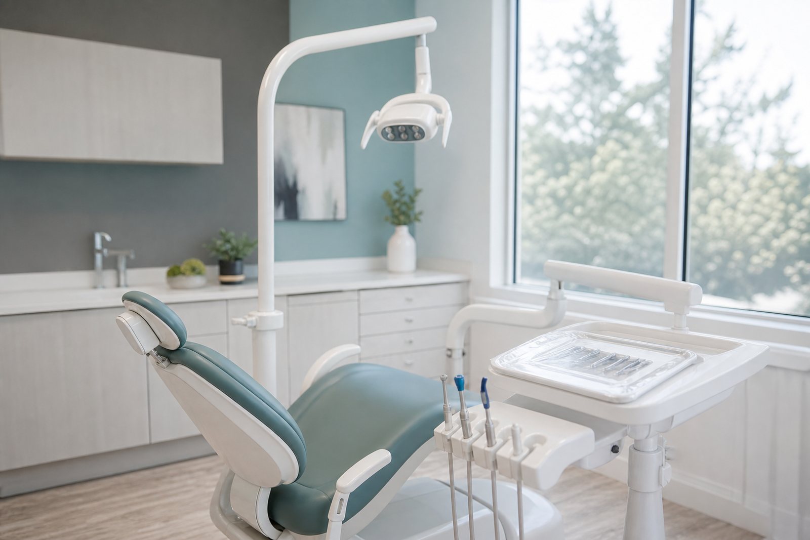 Empty modern dental hygiene operatory with a clean chair and instrument tray beside a sunlit window